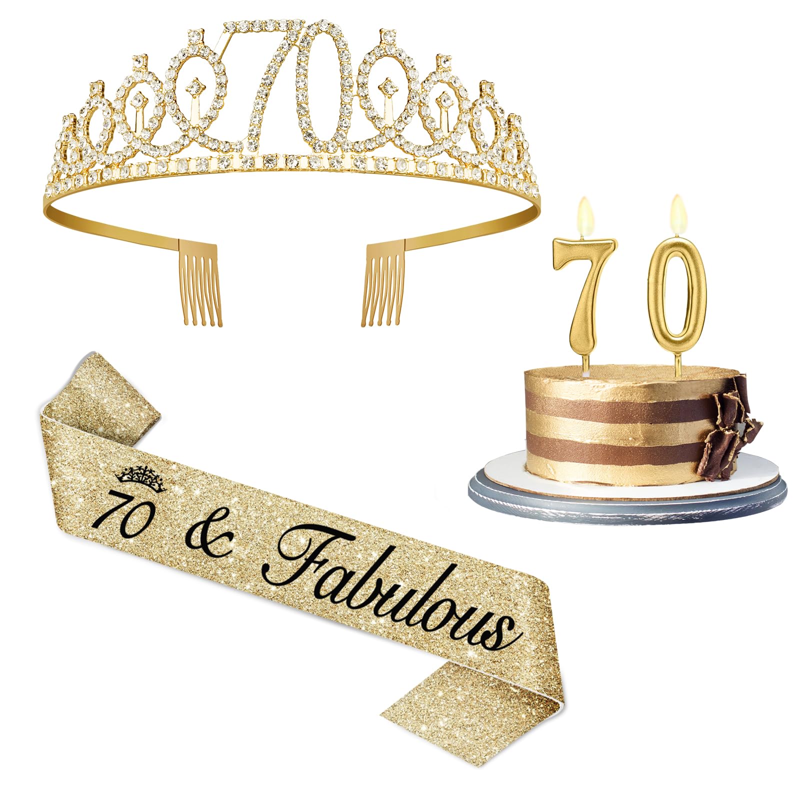 70th Birthday Decorations Set for Women Sash Crown Gold Number Candles & Gifts