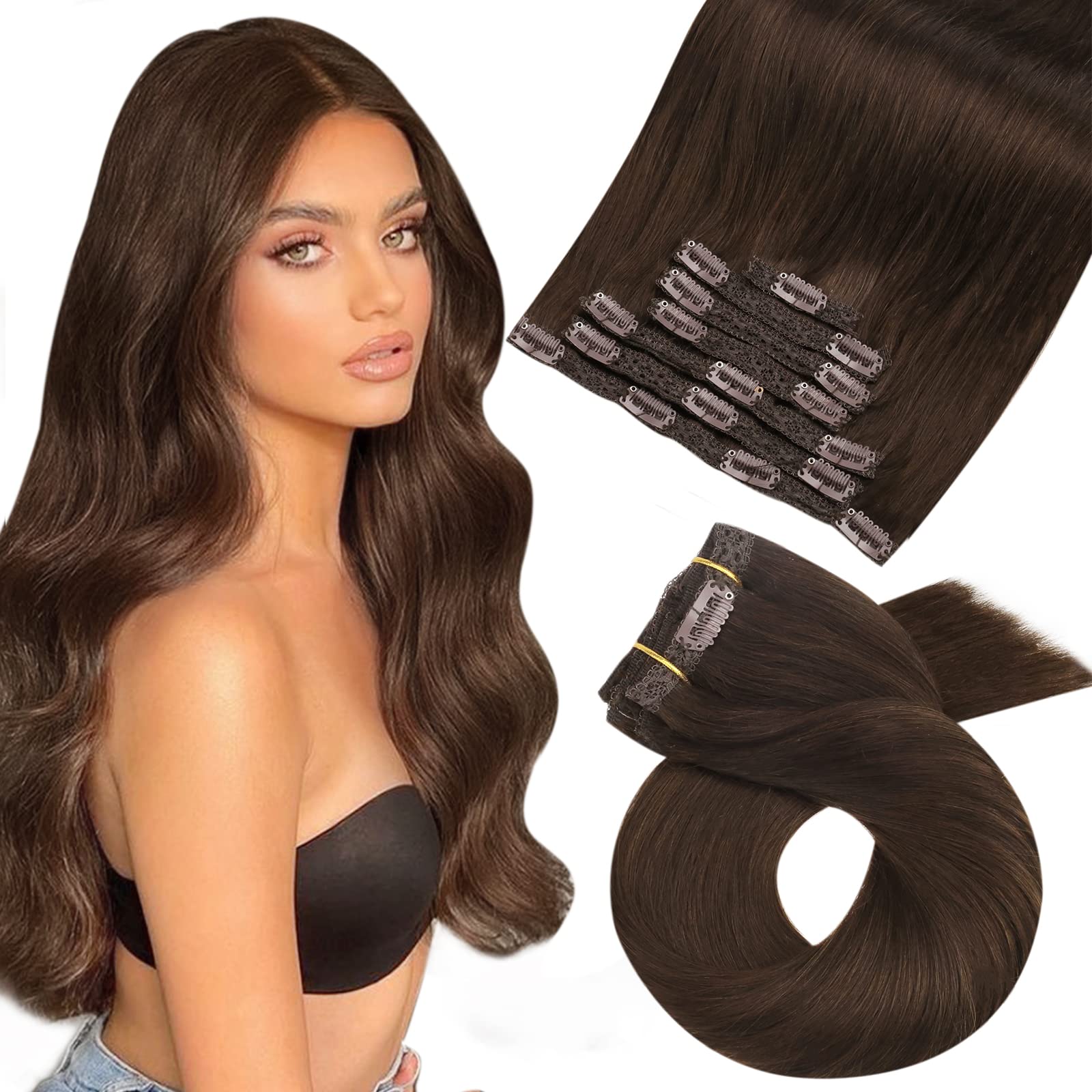 Moresoo Human Hair Clip in Hair Extensions Dark Brown Hair Extensions Clip in Double Weft 16 Inch Clip in Extensions Real Hair 7 Pieces/120g #4