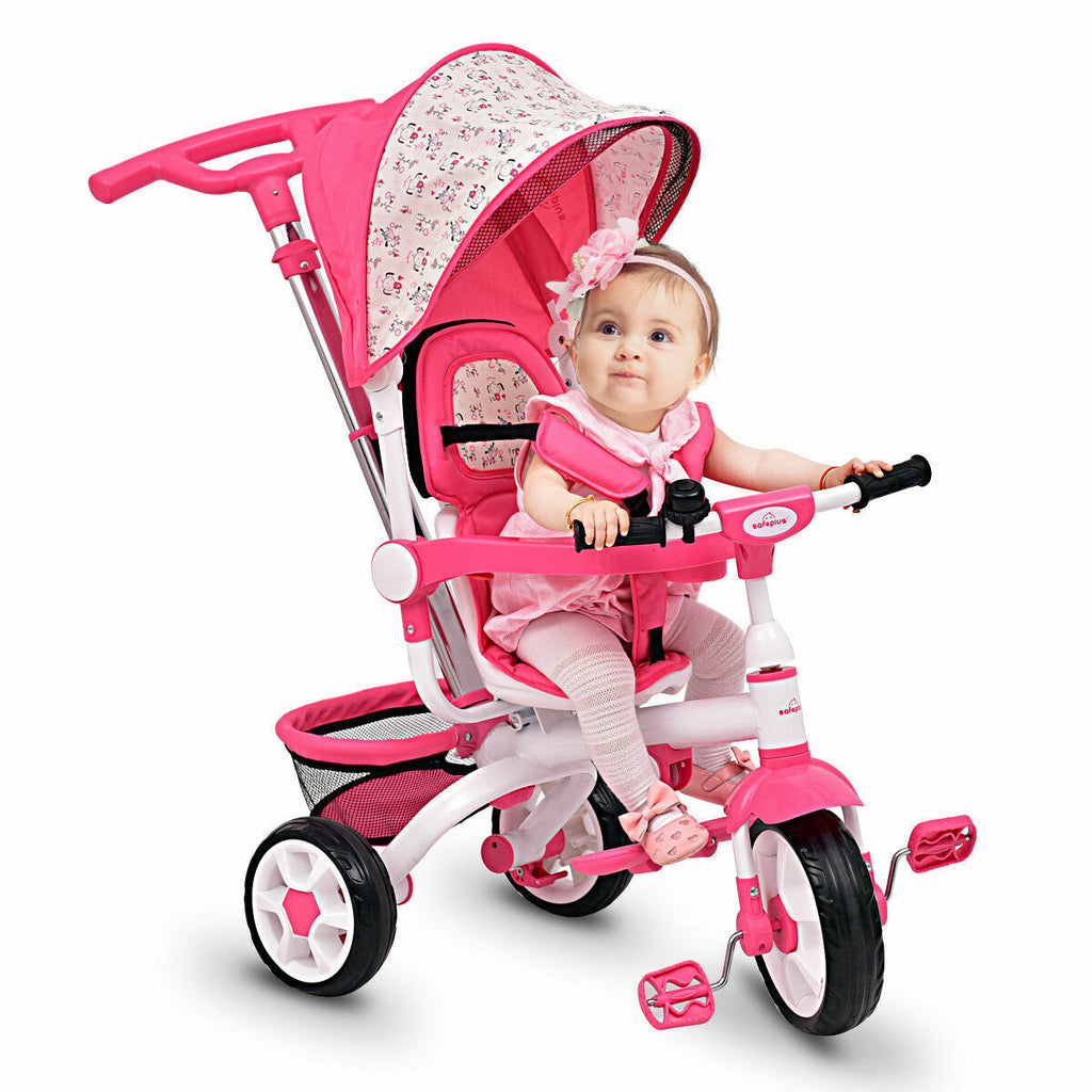 Kids Baby Stroller Tricycle Bike with Canopy and Basket Toy Pink