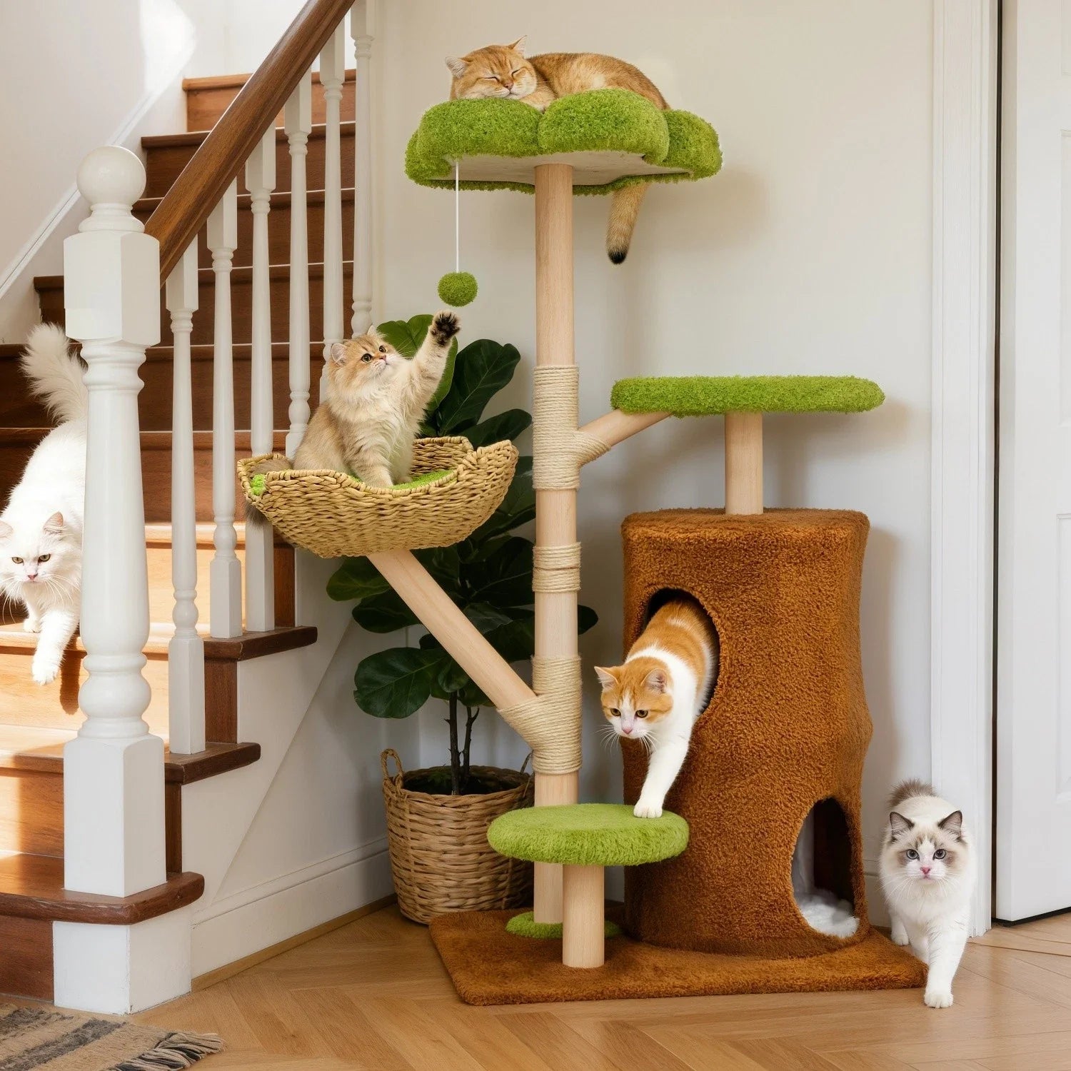 Large Green Cat Tree Tower with Condos and Scratching Posts