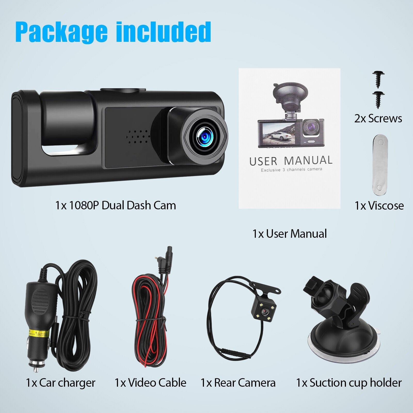 1080P Dual Lens HD Dash Cam For Card Front & Rear Recorder w/ G-Sensor