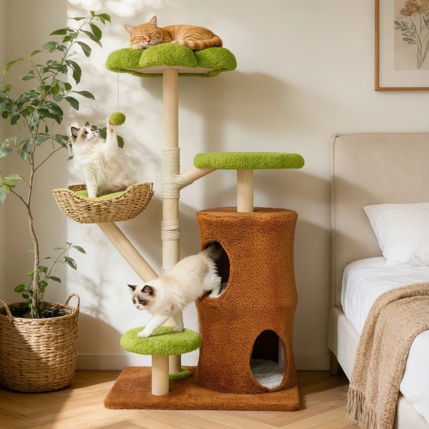 Large Green Cat Tree Tower with Condos and Scratching Posts