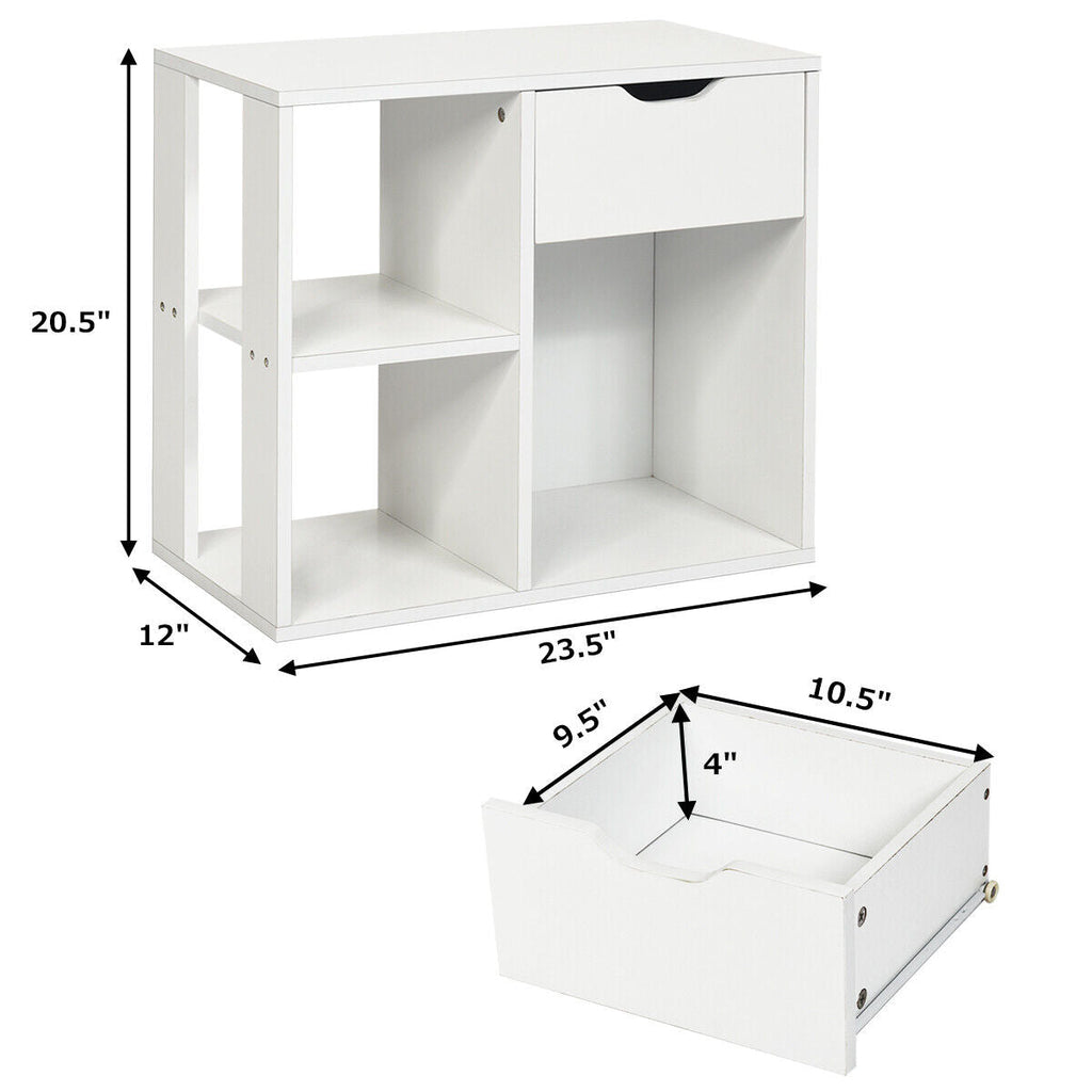3-Tier White Side Table with Storage Shelf & Drawer