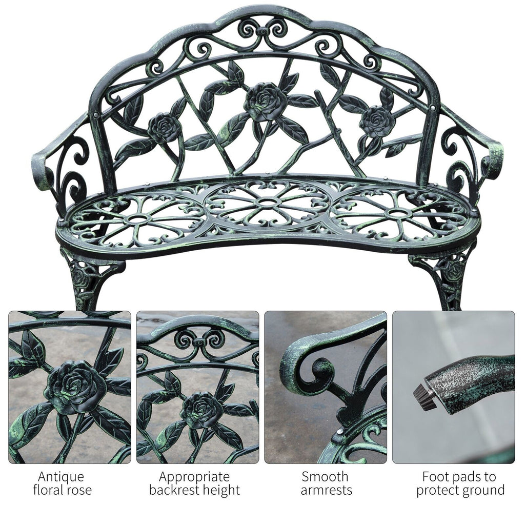 Cast Aluminum Outdoor Bench For Patio & Garden w/ Antique Rose Design