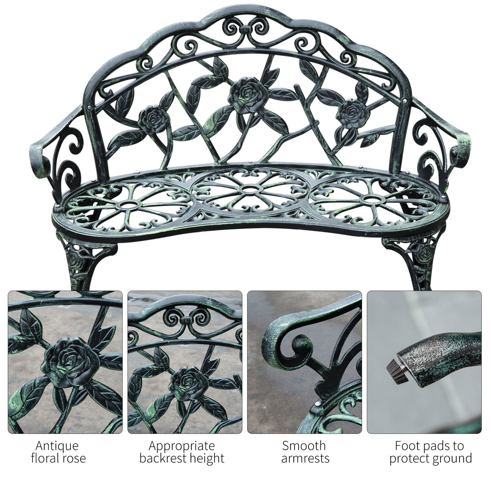 Cast Aluminum Outdoor Bench For Patio & Garden w/ Antique Rose Design