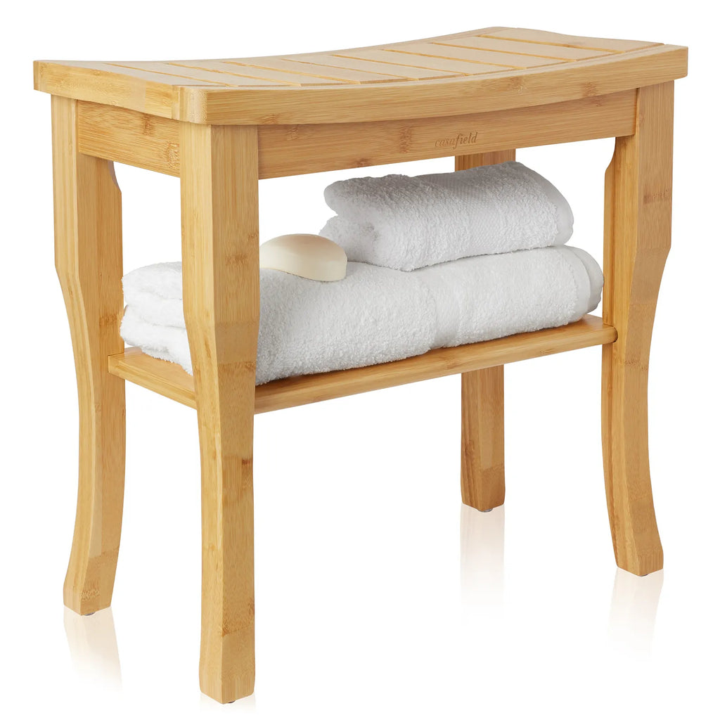 Natural Bamboo Bathroom Bench with Storage Shelf