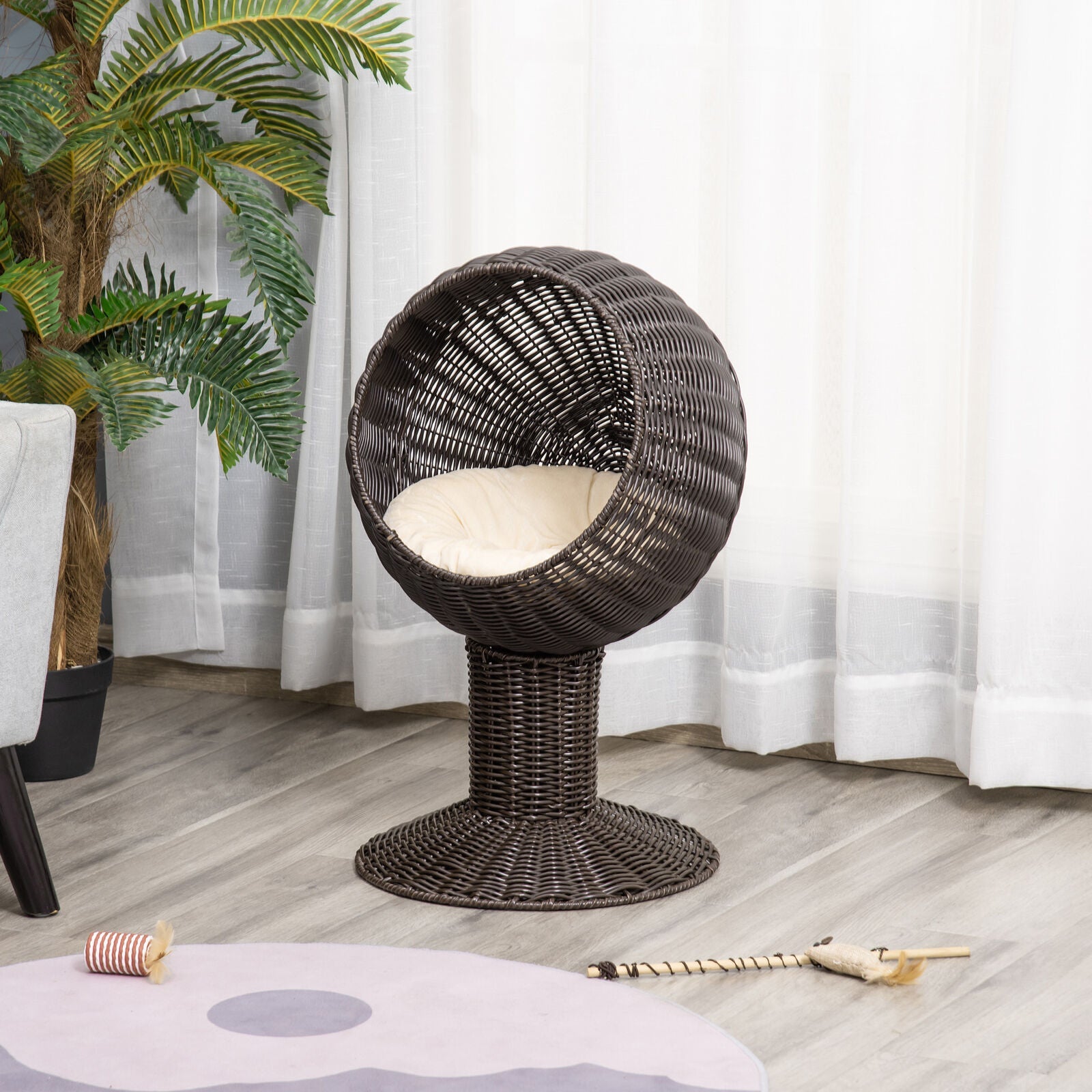 27-Inch Elevated Rattan Wicker Cat House Pet Bed With Cushion
