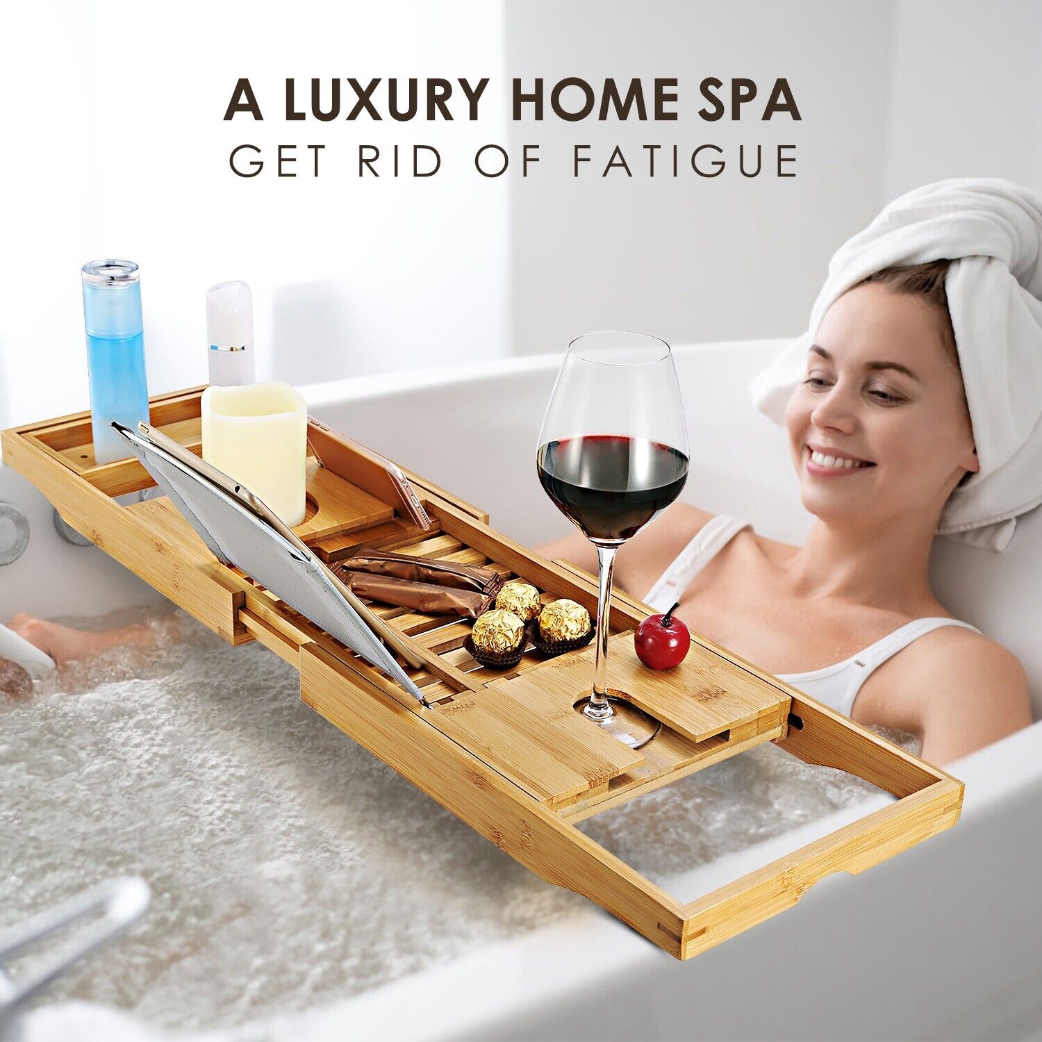 Bamboo Bathtub Caddy Tray with Book and Tablet Holder