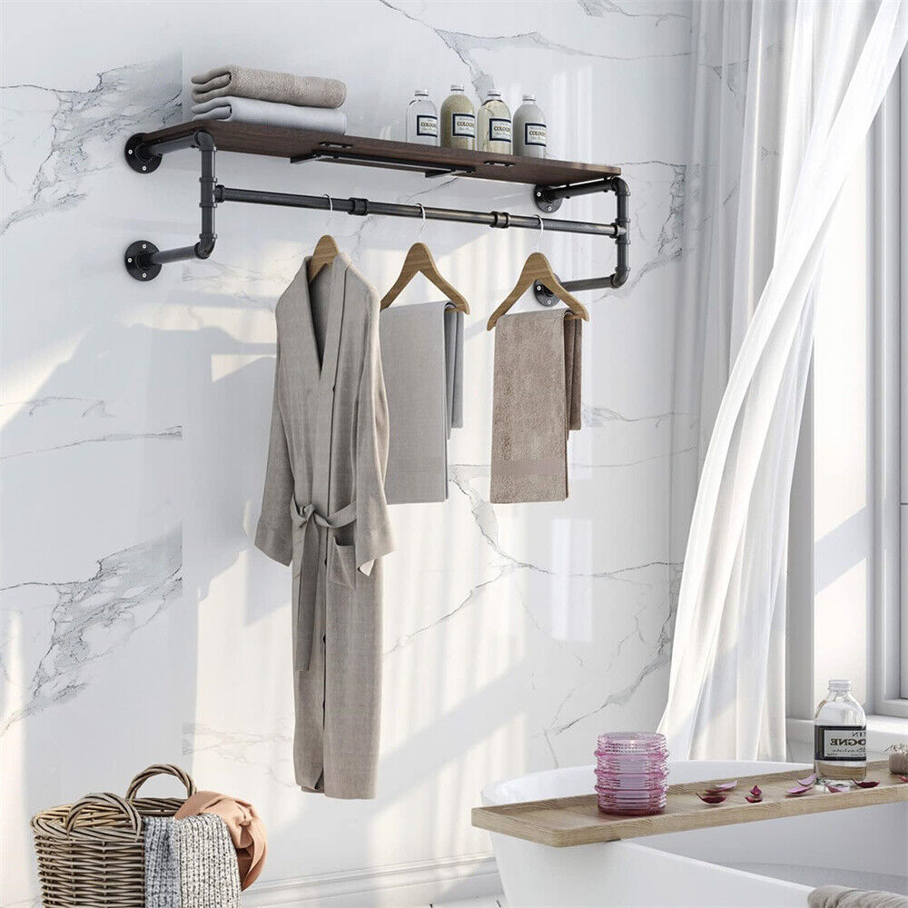 Wall Mounted Pipe Clothes Rack with Top Shelf