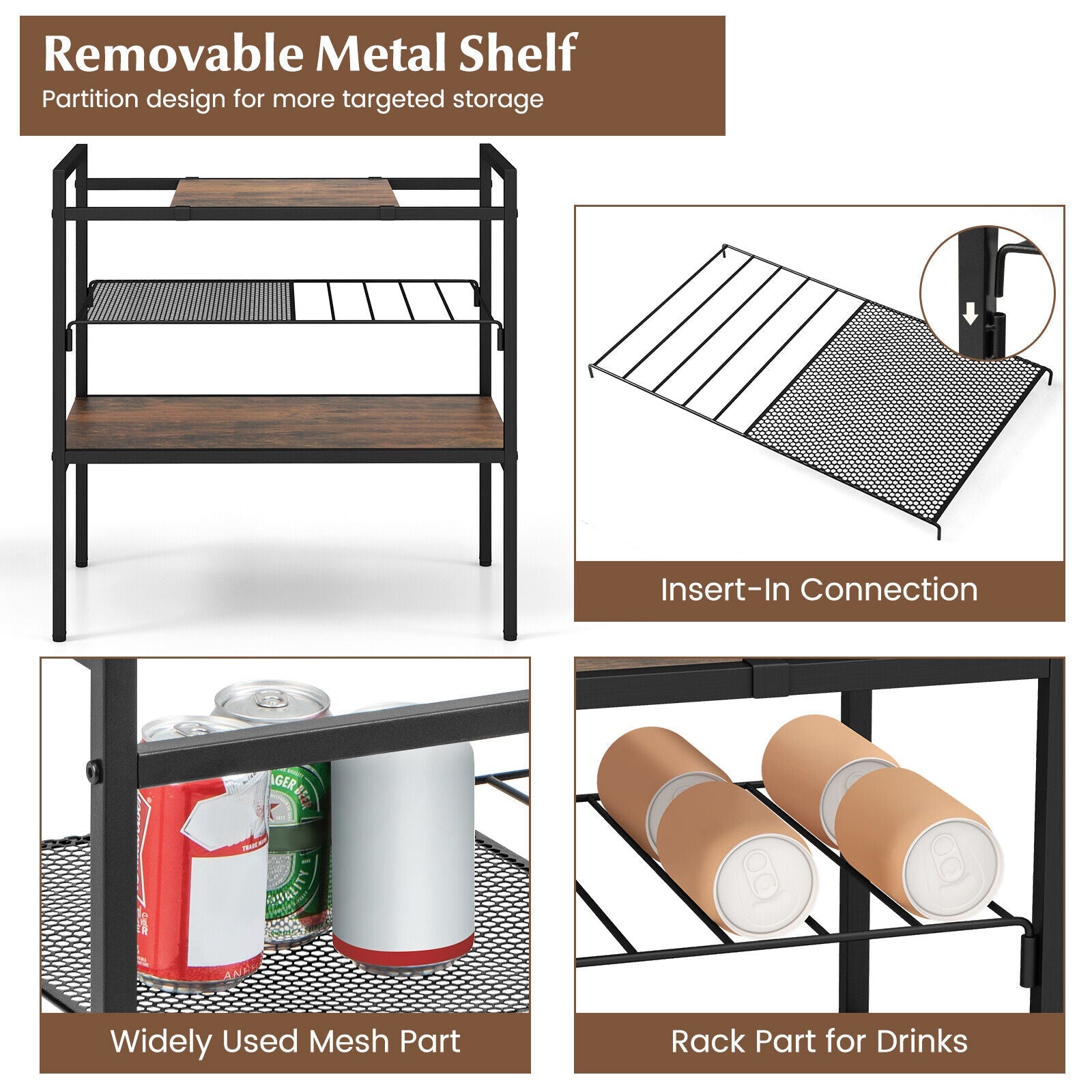 3-Tier Industrial Entryway Table with Removable Panel & Mesh Shelf