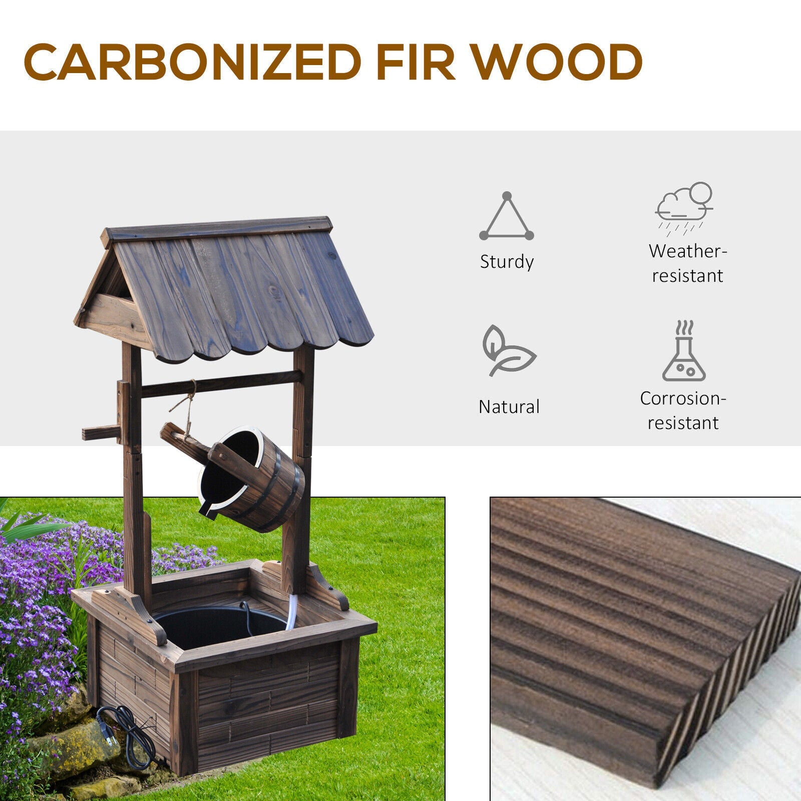 Wooden Wishing Well Outdoor Water Fountain With Pump For Garden & Yard