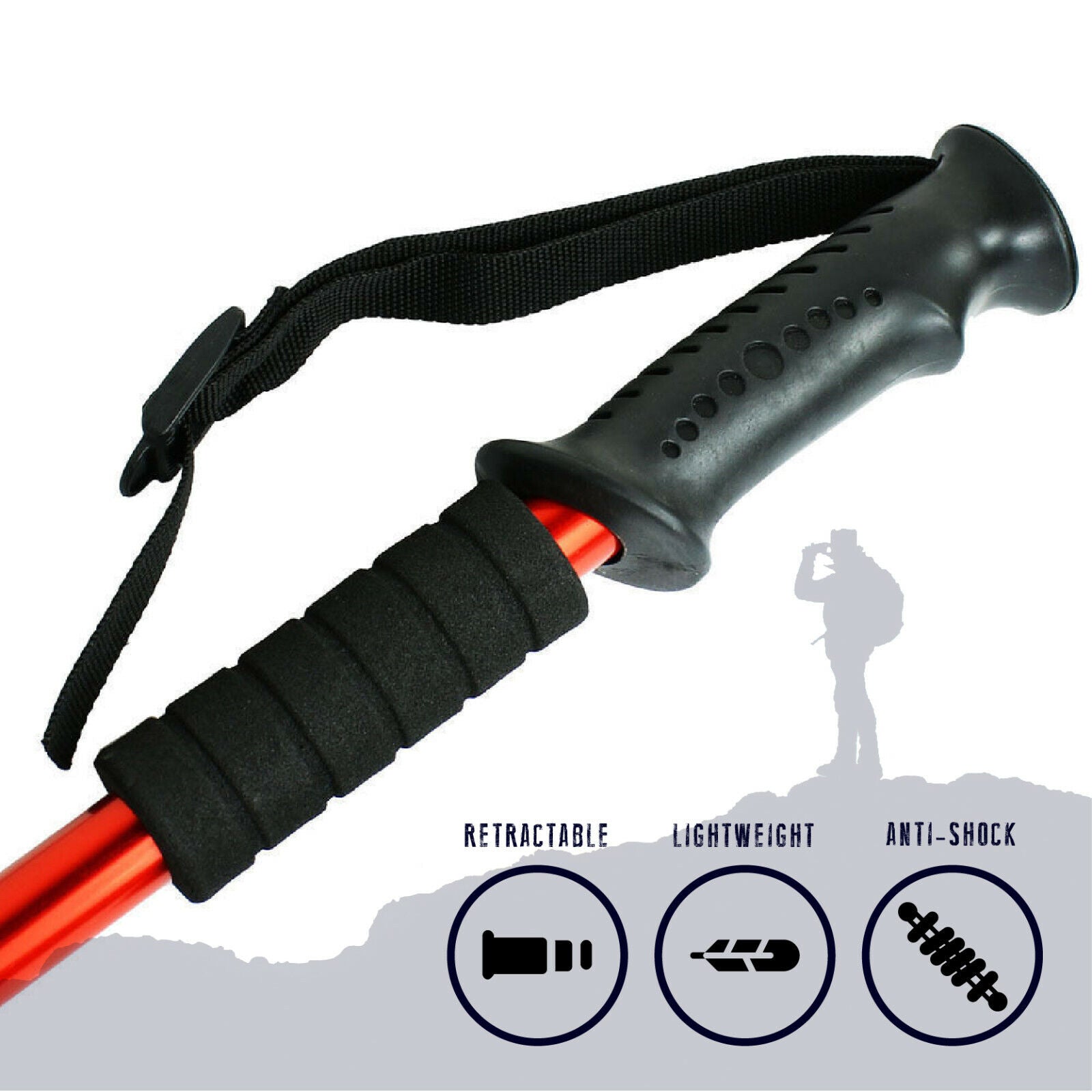 2 Red Anti-shock Adjustable Alpenstock Poles for Trekking & Hiking