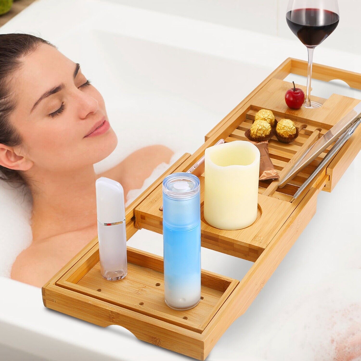Bamboo Bathtub Caddy Tray with Book and Tablet Holder