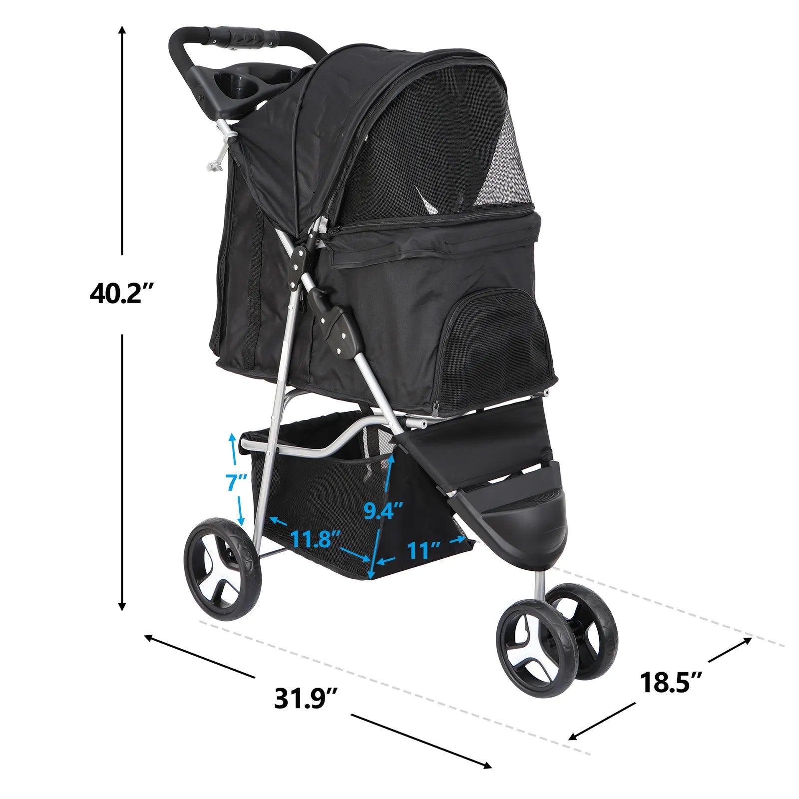 Pet Jogging Stroller with Cup Holder Black