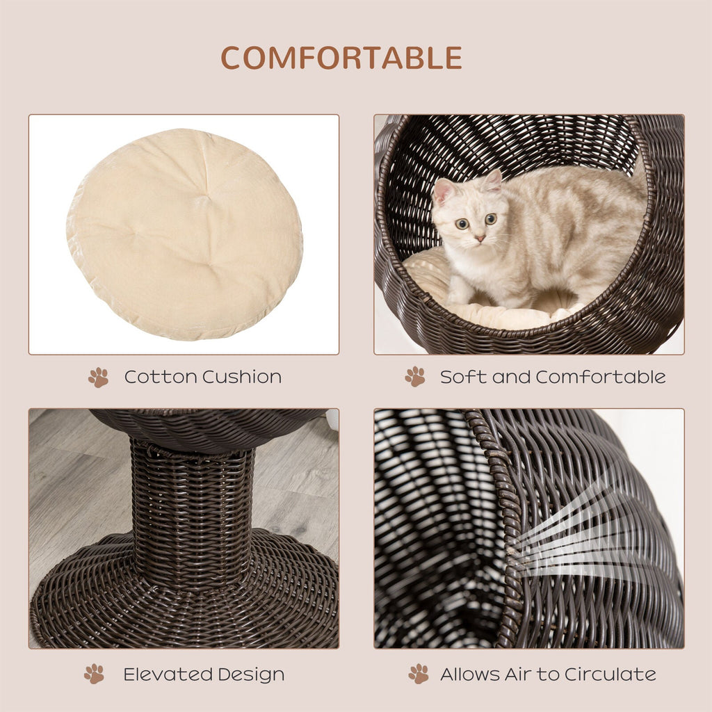 27-Inch Elevated Rattan Wicker Cat House Pet Bed With Cushion