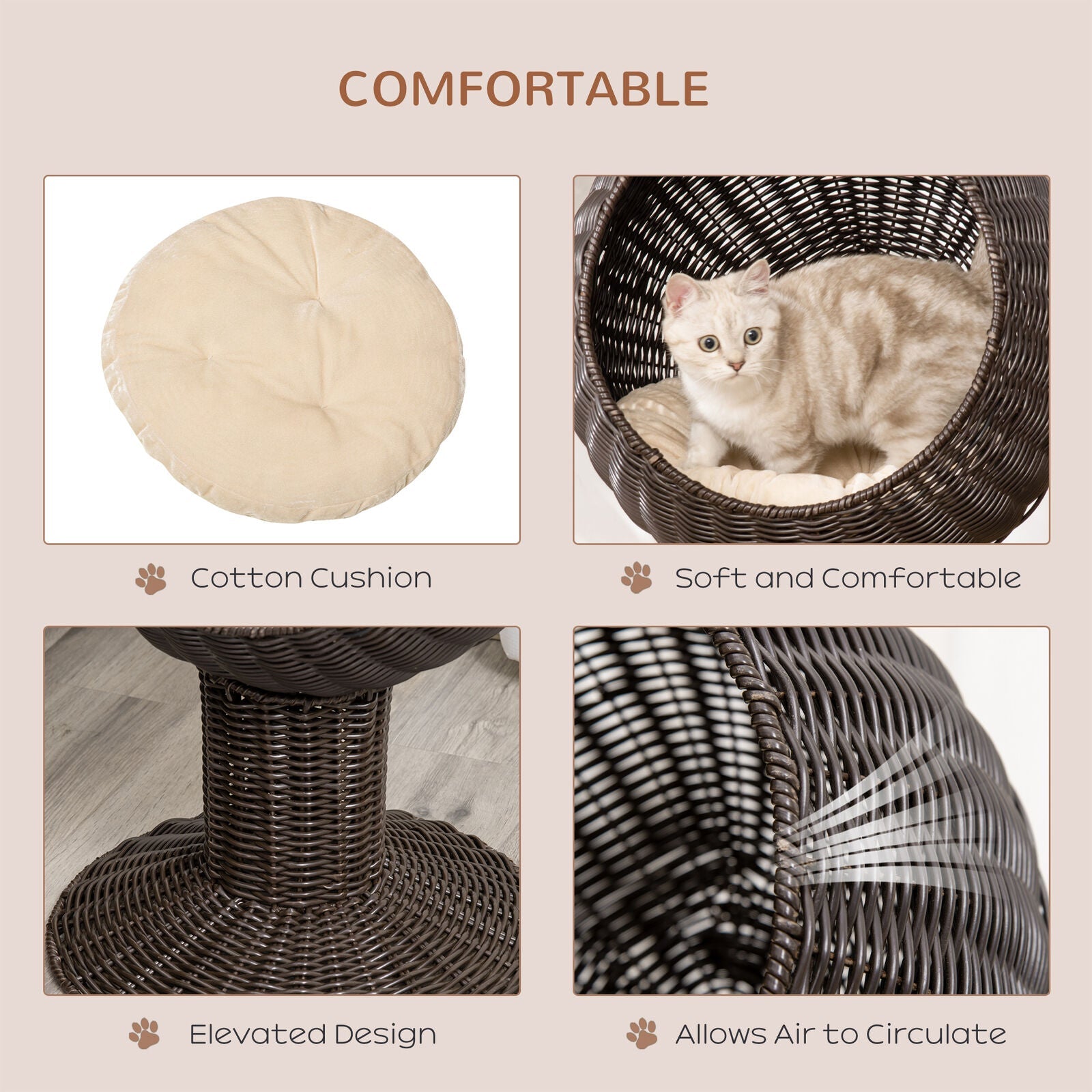 27-Inch Elevated Rattan Wicker Cat House Pet Bed With Cushion