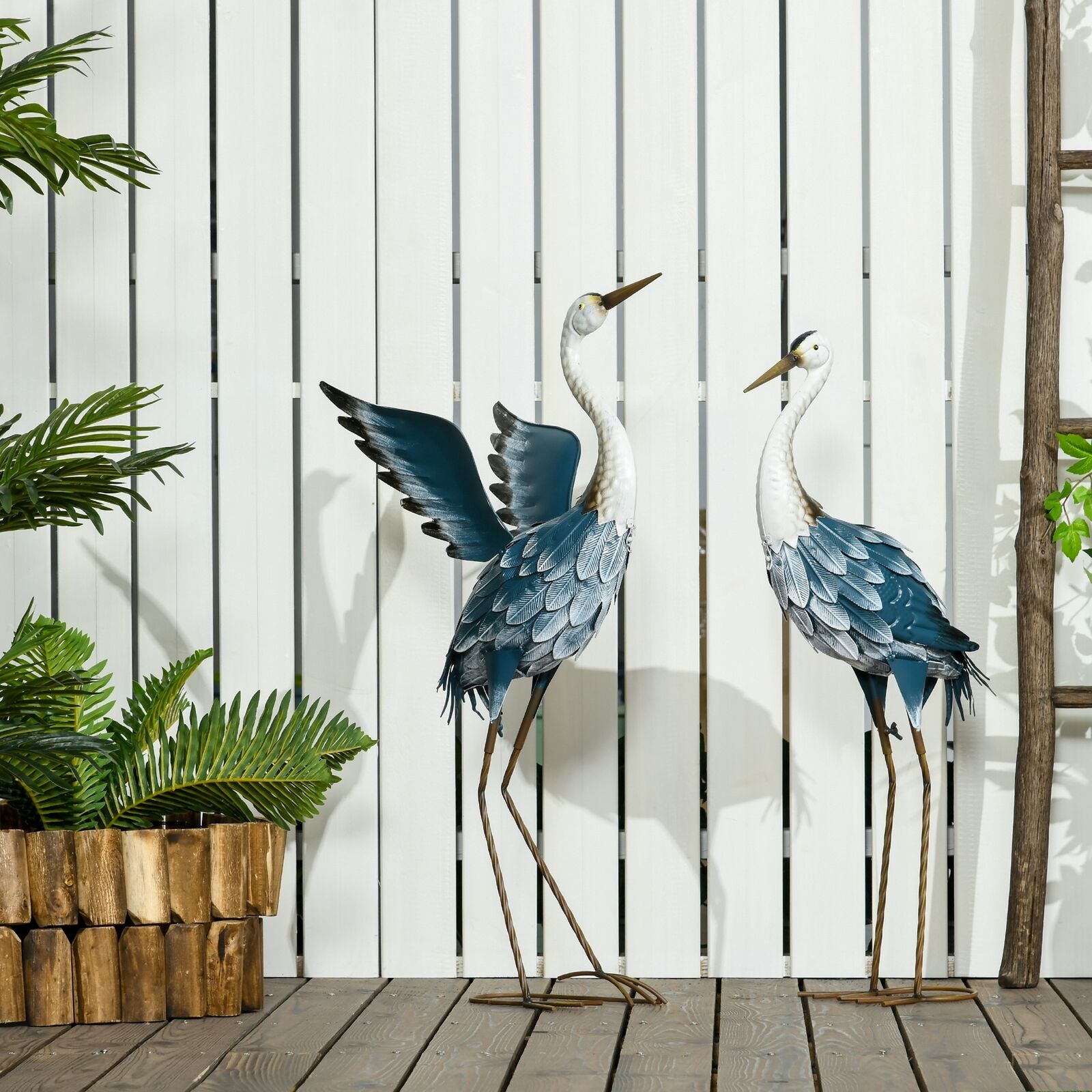 Blue Heron Garden Statues Set Metal Yard Bird Sculptures