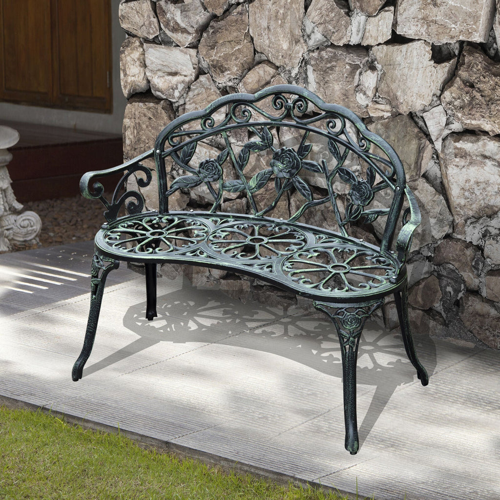 Cast Aluminum Outdoor Bench For Patio & Garden w/ Antique Rose Design