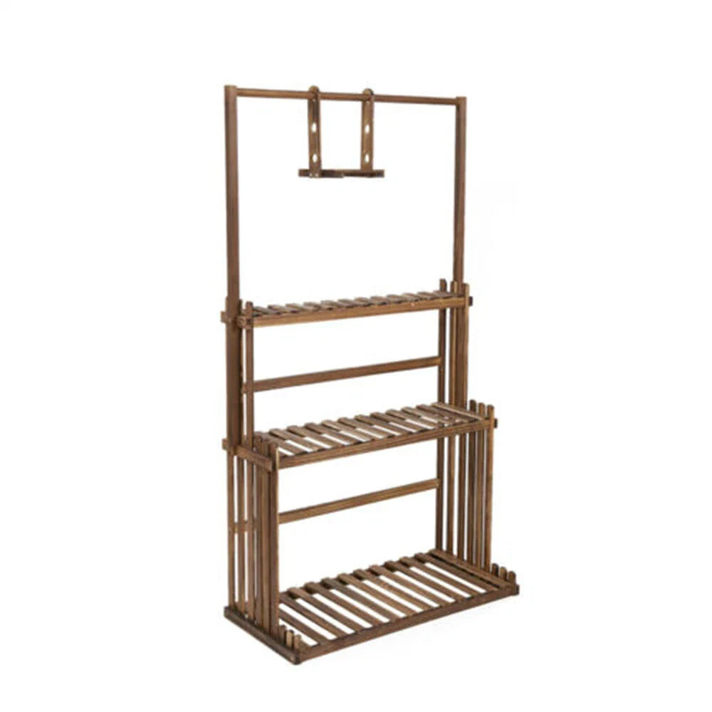 3-Tier Wooden Plant Stand with Hanging Bar for Garden Patio