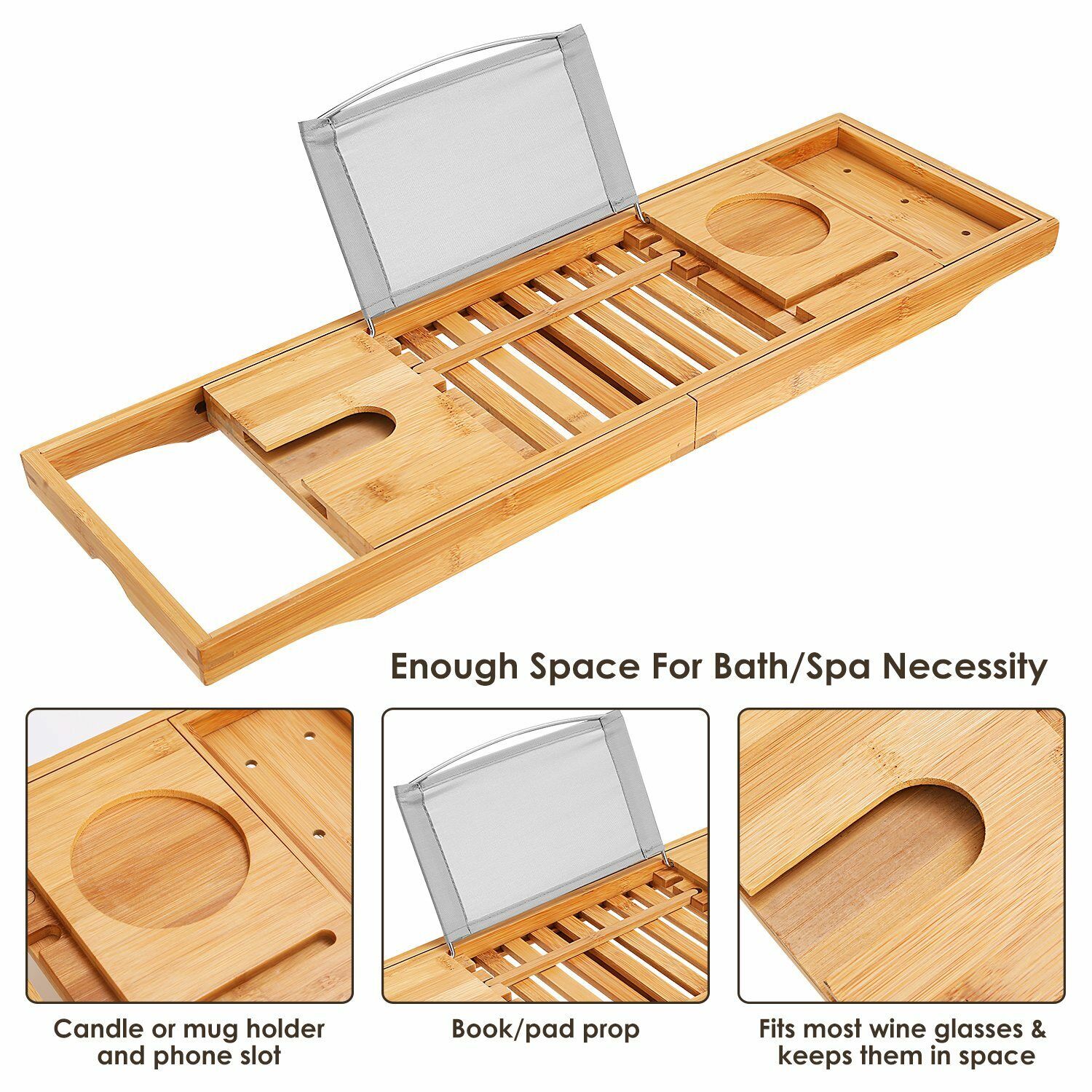 Bamboo Bathtub Caddy Tray with Book and Tablet Holder