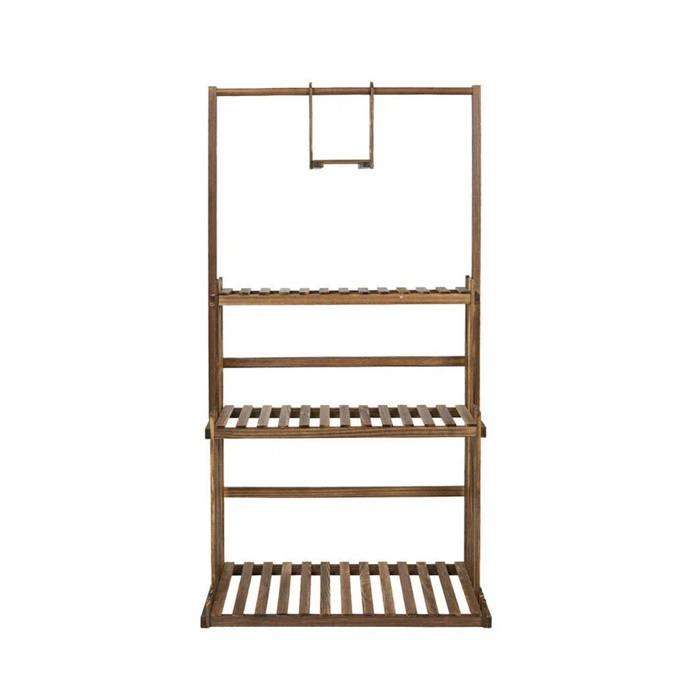 3-Tier Wooden Plant Stand with Hanging Bar for Garden Patio