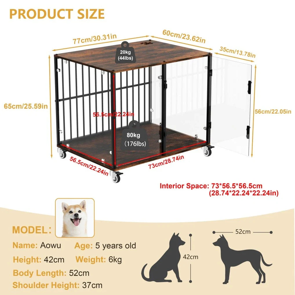 Tempered Glass Dog Crate Kennel with Wheels and End Table Top