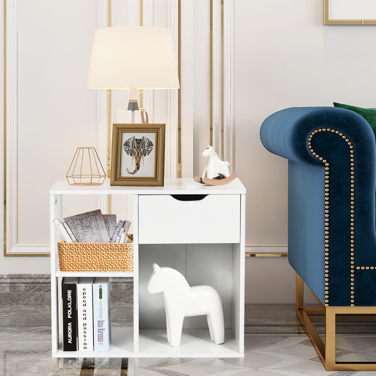 3-Tier White Side Table with Storage Shelf & Drawer
