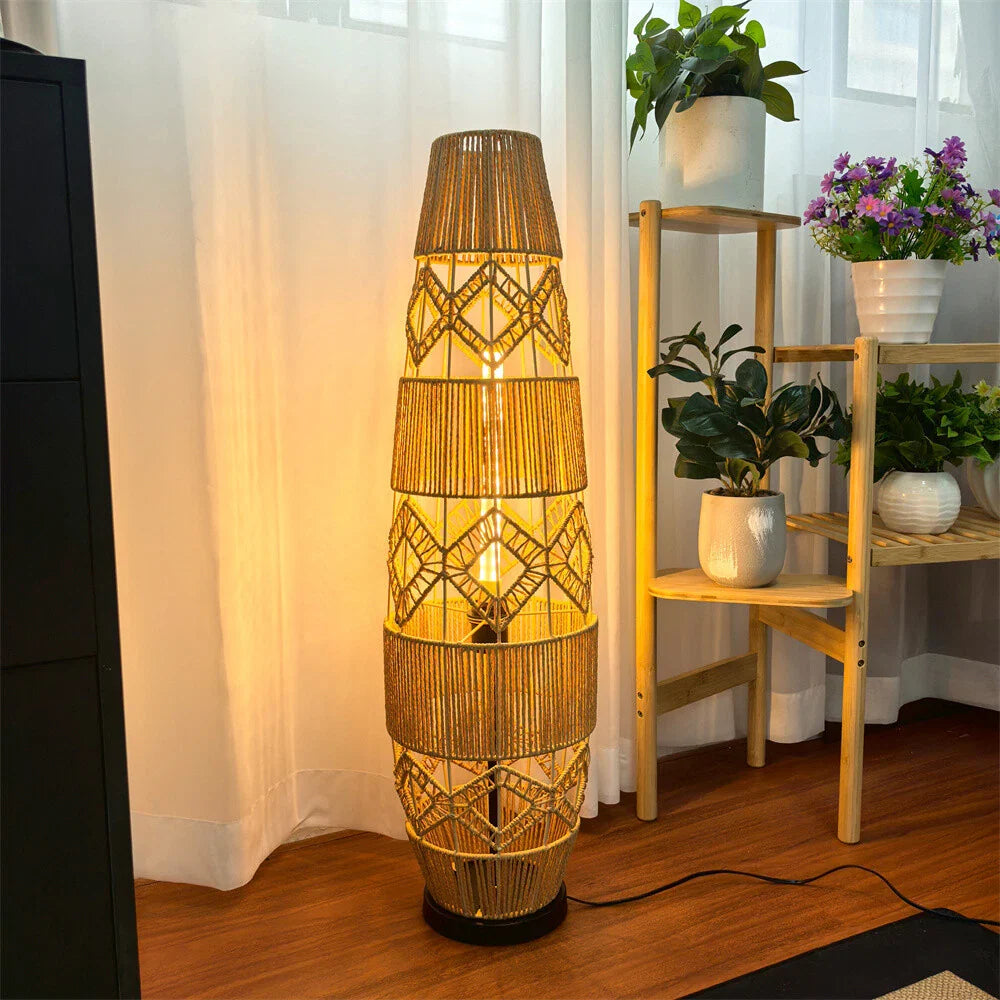 Boho Rattan Floor Lamp with 3-Color LED for Bedroom Decor