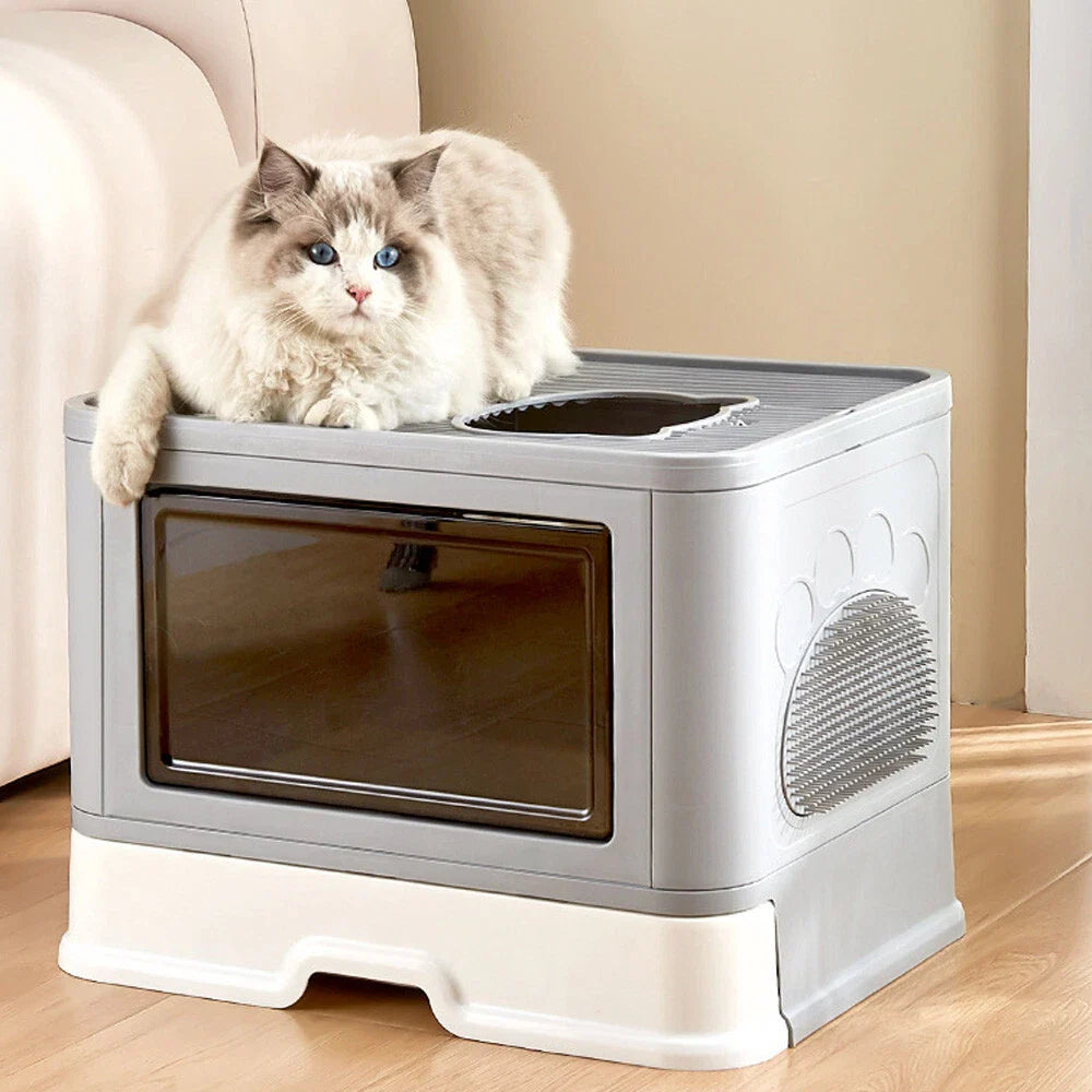Extra Large Foldable Cat Litter Box with Drawer and Top Entry