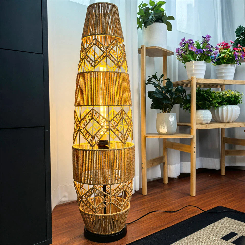 Boho Rattan Floor Lamp with 3-Color LED for Bedroom Decor