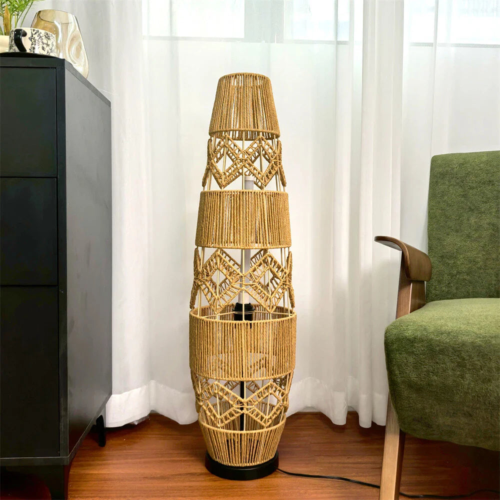 Boho Rattan Floor Lamp with 3-Color LED for Bedroom Decor