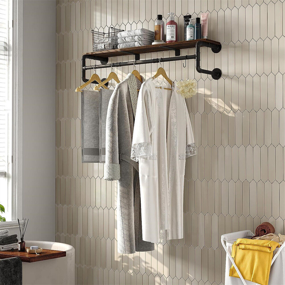 Wall Mounted Pipe Clothes Rack with Top Shelf