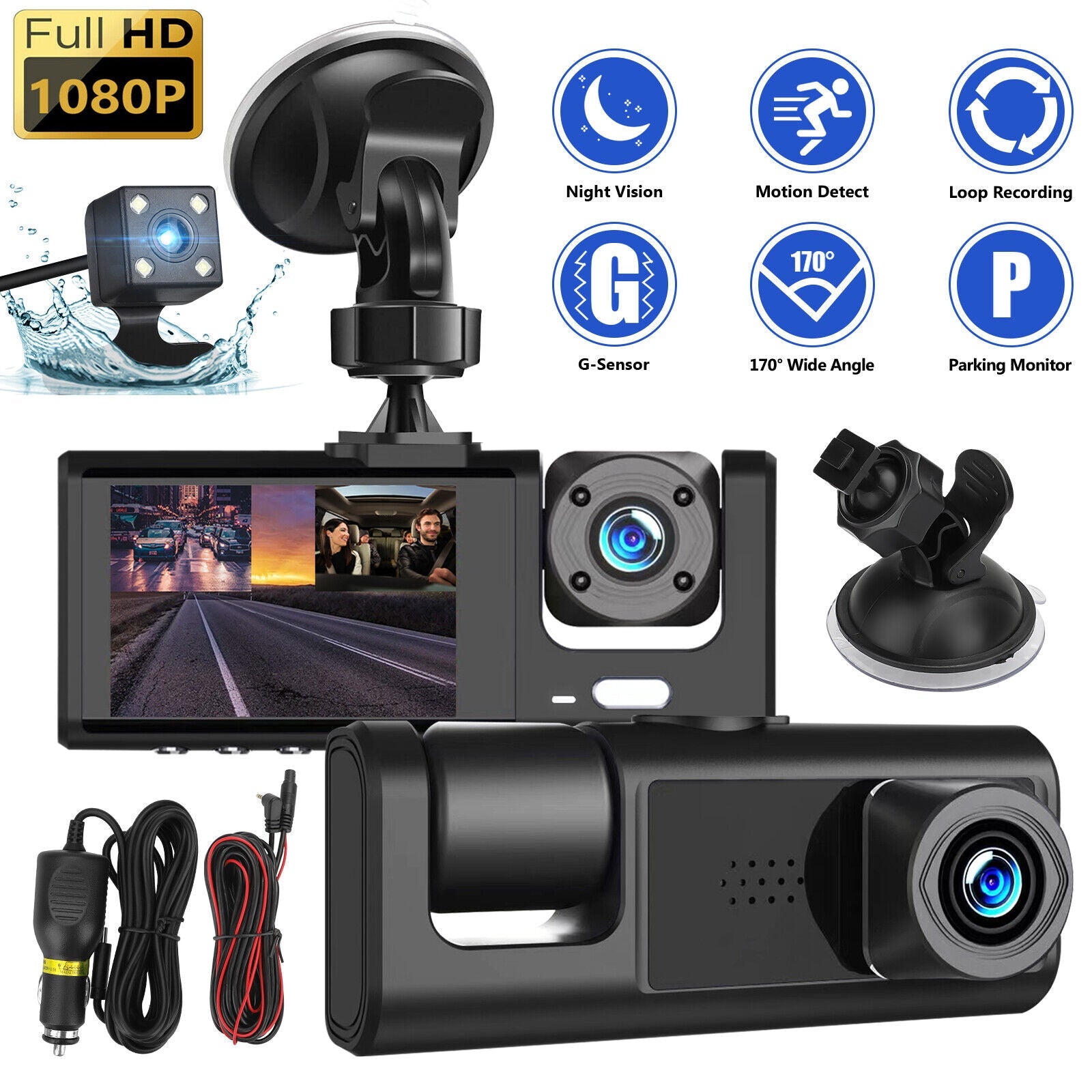 1080P Dual Lens HD Dash Cam For Card Front & Rear Recorder w/ G-Sensor