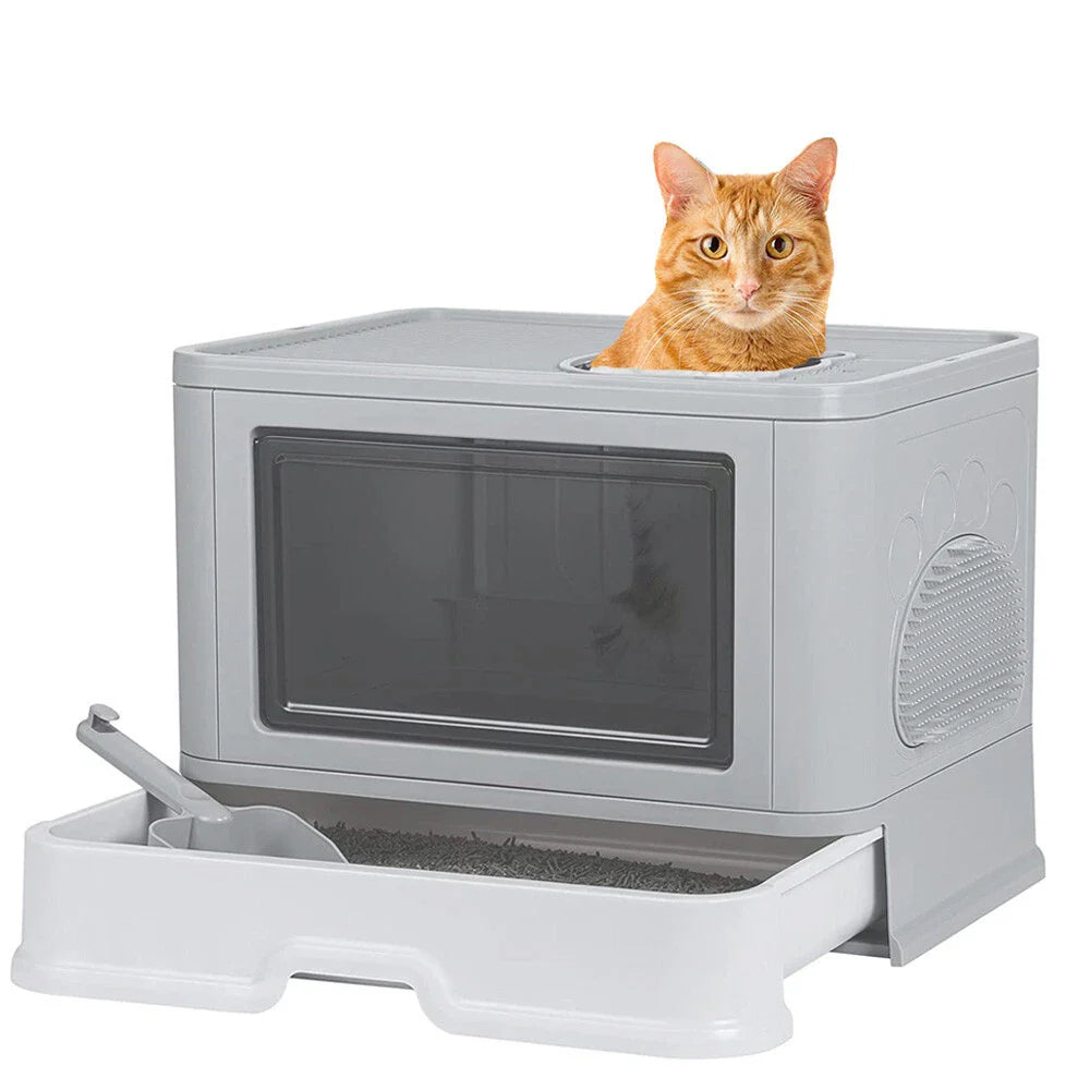 Extra Large Foldable Cat Litter Box with Drawer and Top Entry