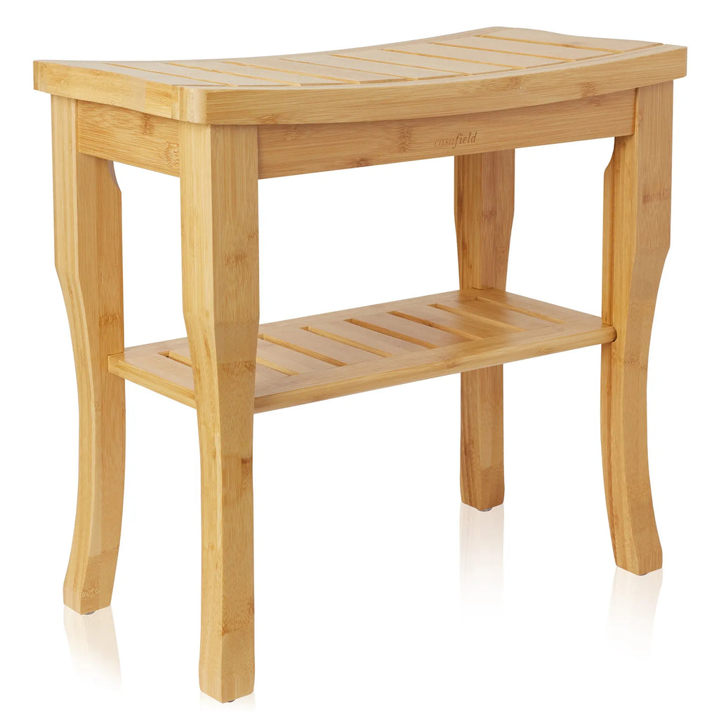 Natural Bamboo Bathroom Bench with Storage Shelf