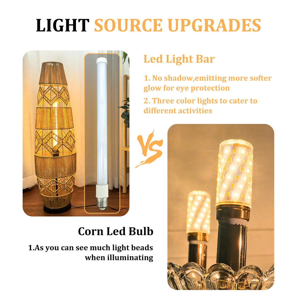 Boho Rattan Floor Lamp with 3-Color LED for Bedroom Decor