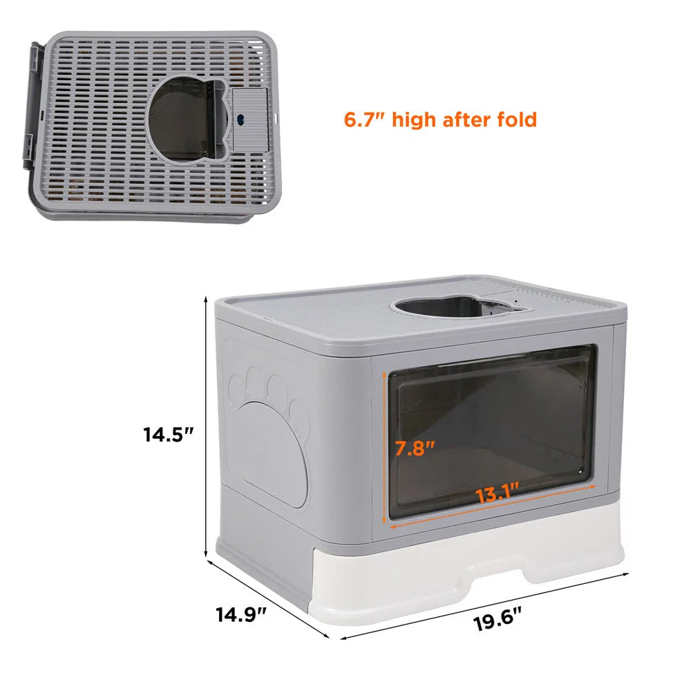 Extra Large Foldable Cat Litter Box with Drawer and Top Entry