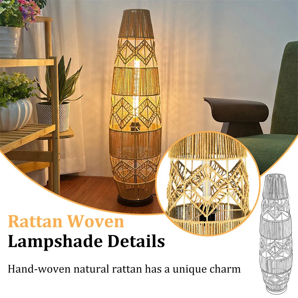 Boho Rattan Floor Lamp with 3-Color LED for Bedroom Decor