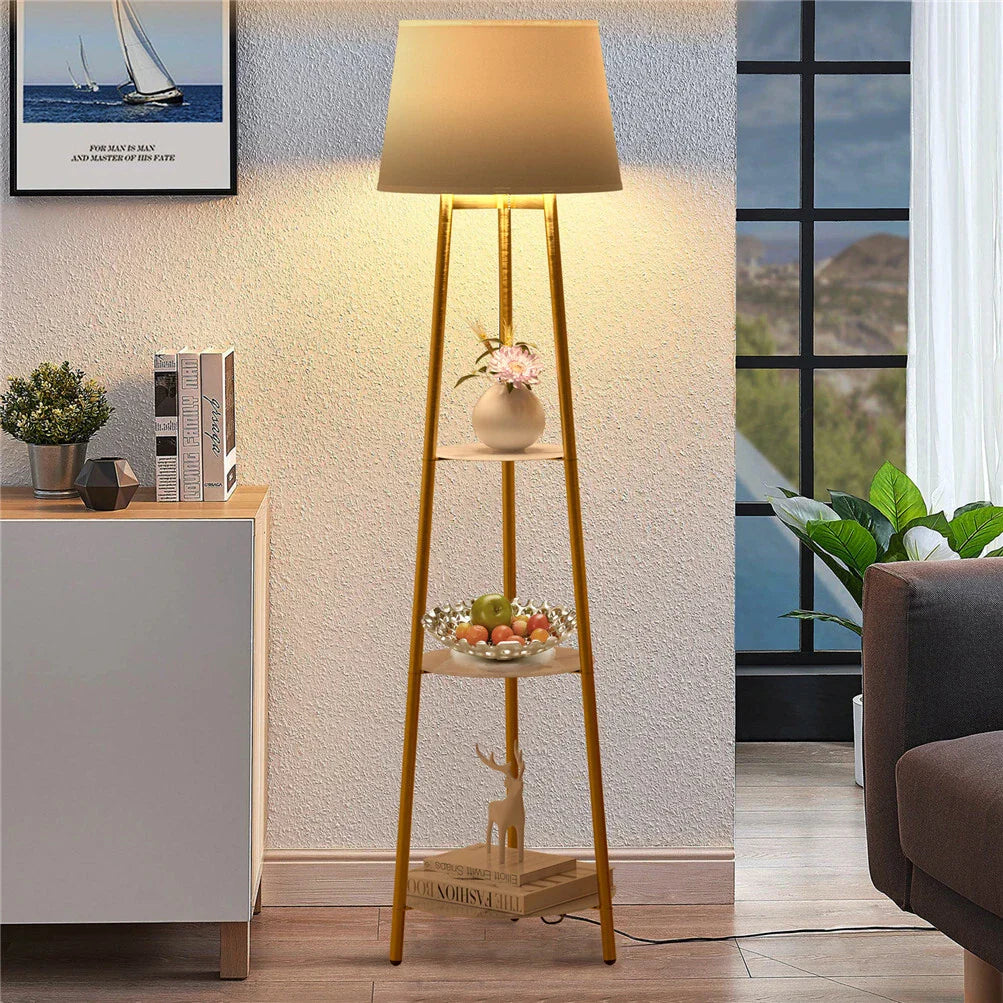 Gold Shelf Floor Lamp with Fabric Shade for Bedroom Living Room