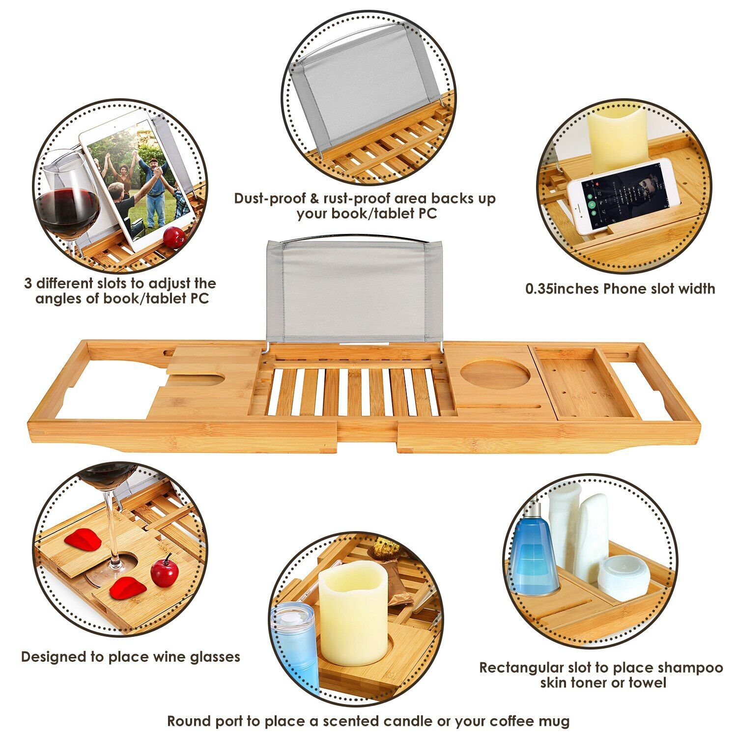 Bamboo Bathtub Caddy Tray with Book and Tablet Holder
