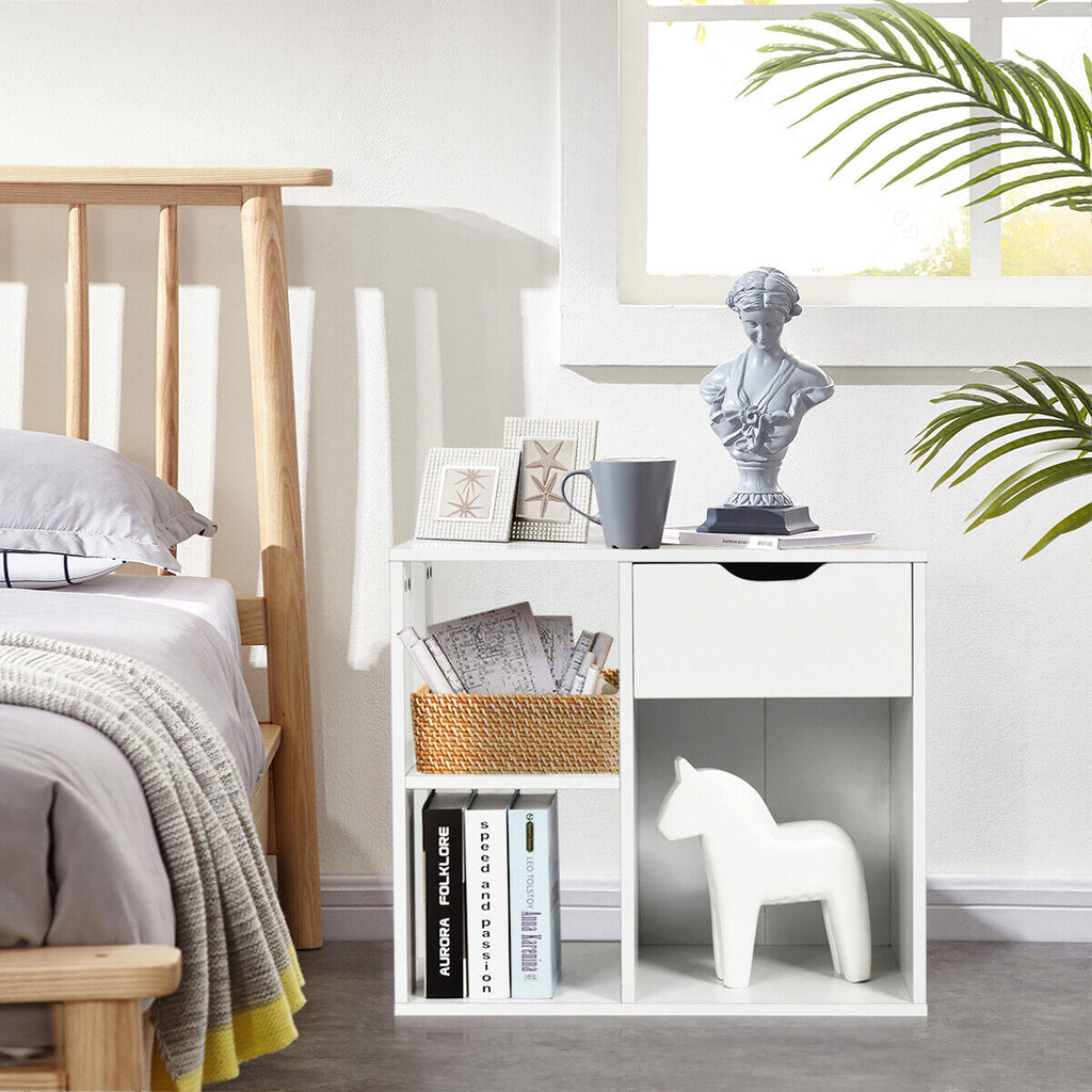 3-Tier White Side Table with Storage Shelf & Drawer