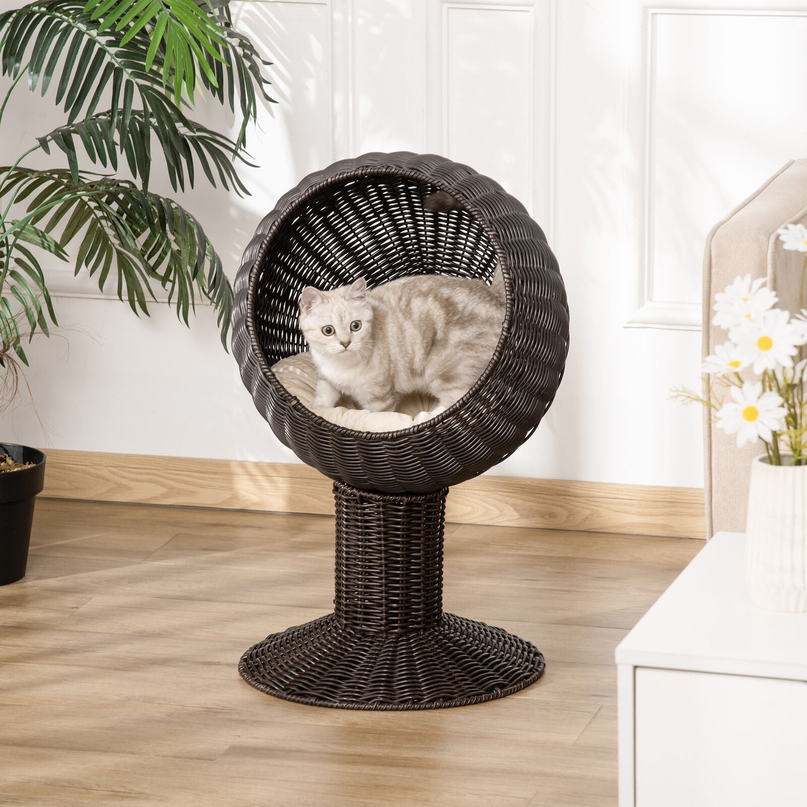 27-Inch Elevated Rattan Wicker Cat House Pet Bed With Cushion