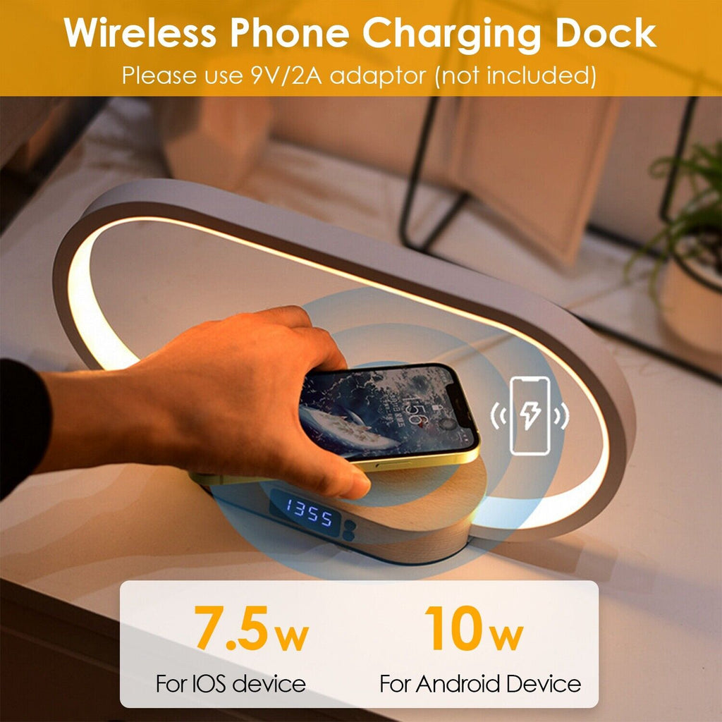 LED Bedside Lamp and Clock with USB Wireless Charger and Touch Control