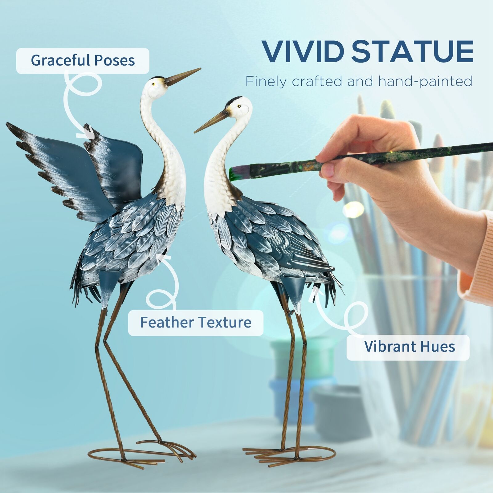 Blue Heron Garden Statues Set Metal Yard Bird Sculptures