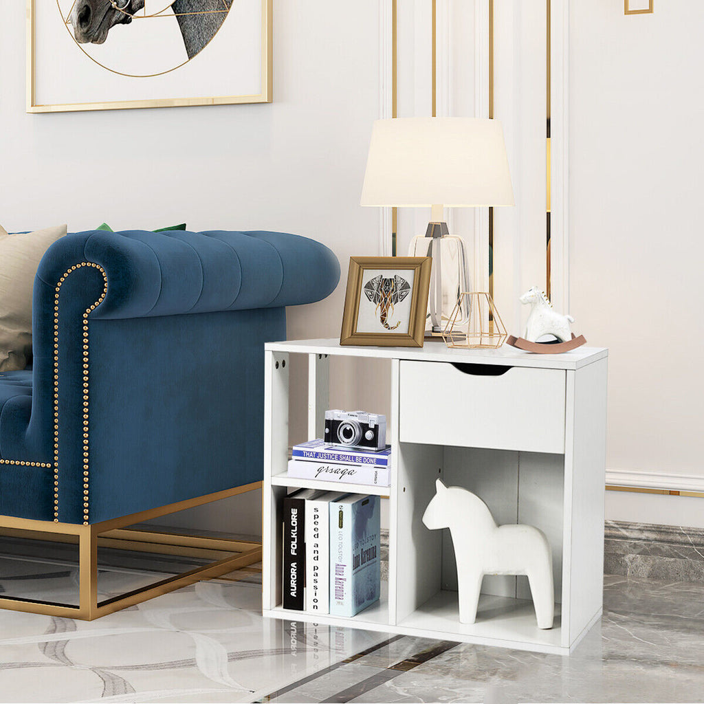 3-Tier White Side Table with Storage Shelf & Drawer