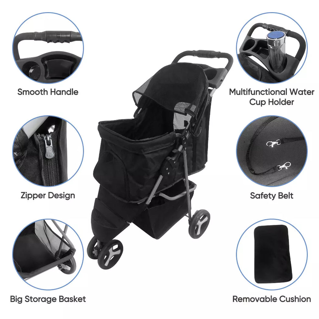 Pet Jogging Stroller with Cup Holder Black