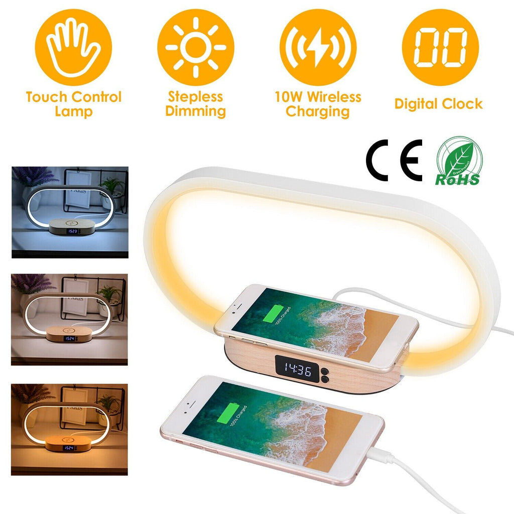 LED Bedside Lamp and Clock with USB Wireless Charger and Touch Control