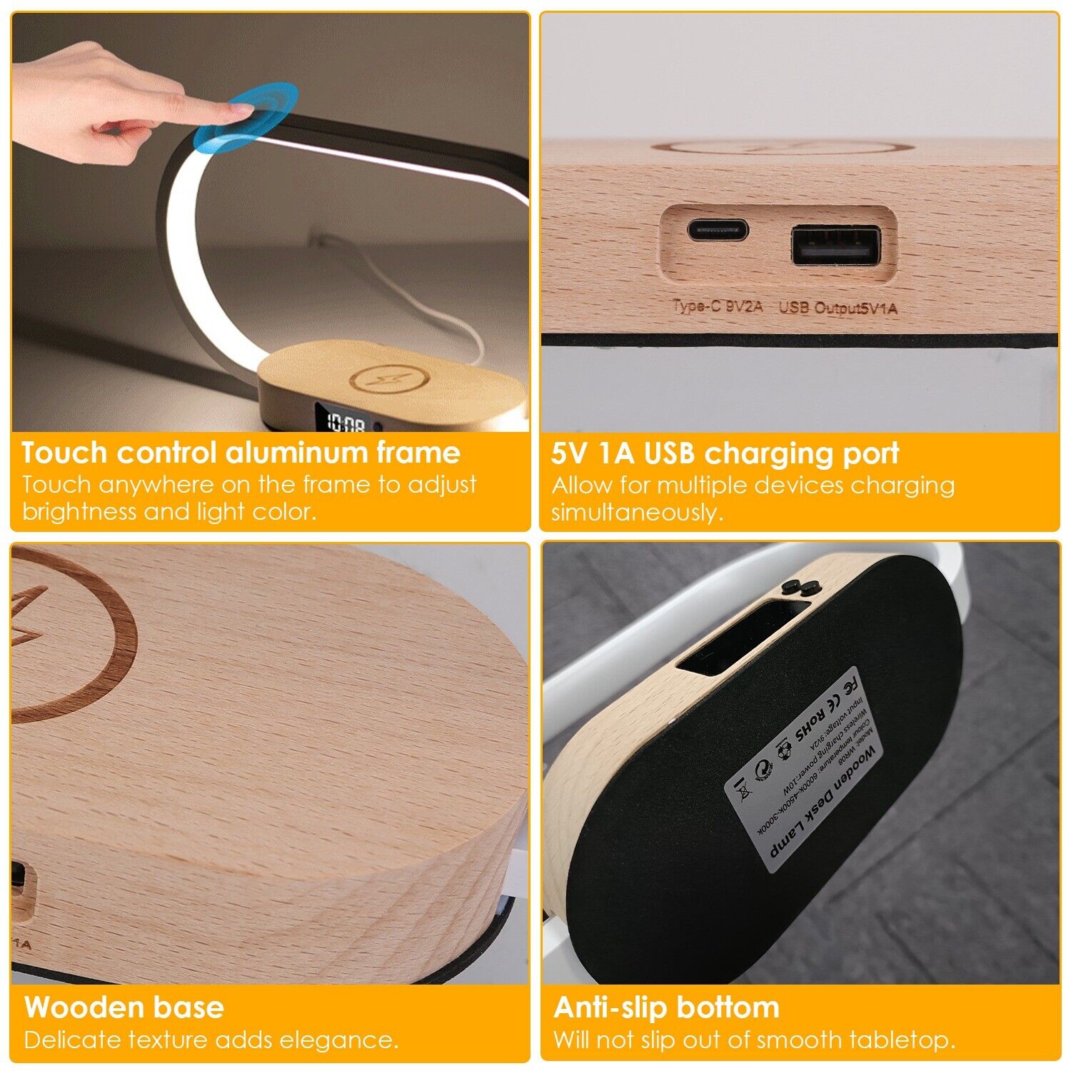 LED Bedside Lamp and Clock with USB Wireless Charger and Touch Control