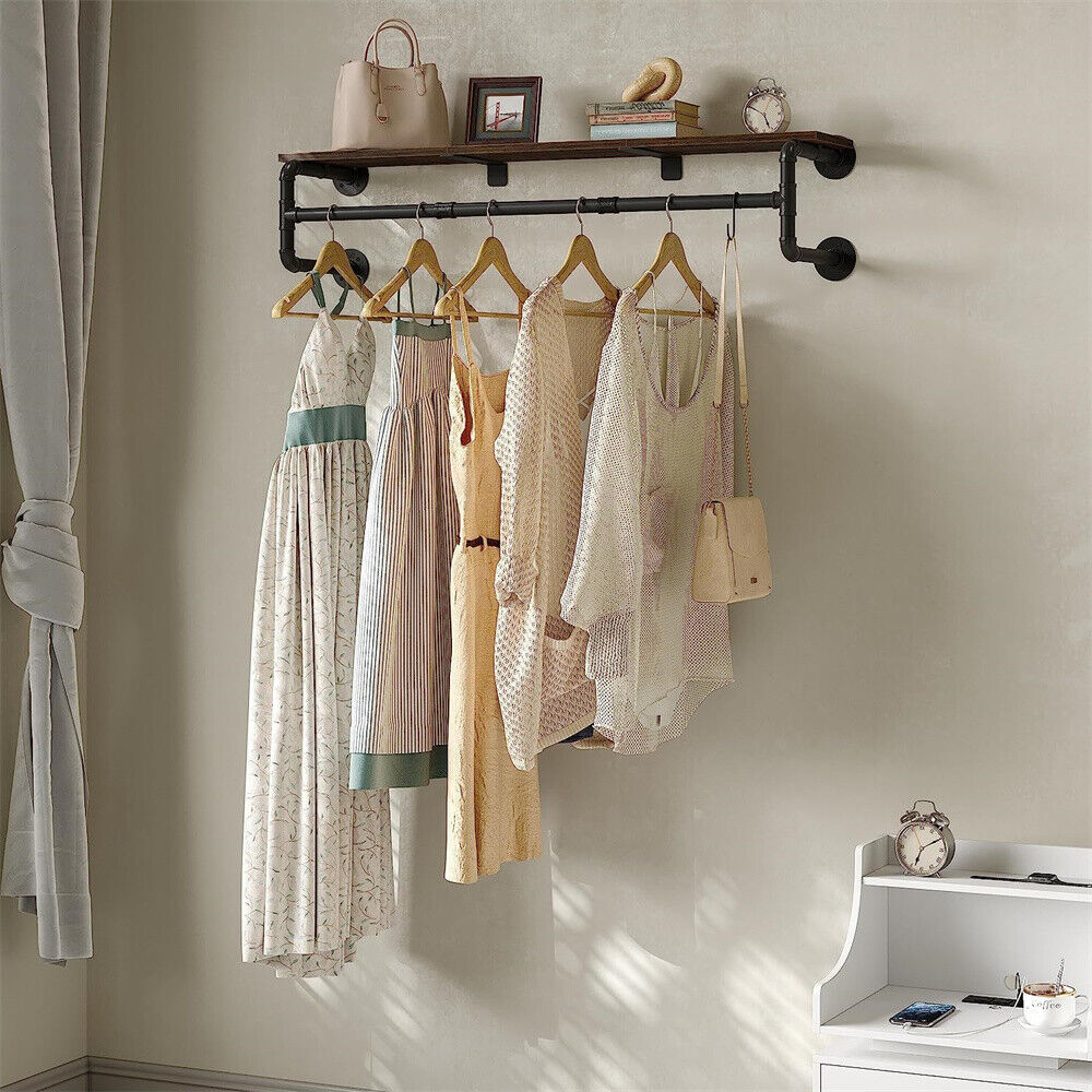 Wall Mounted Pipe Clothes Rack with Top Shelf