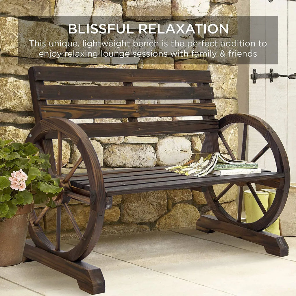 Rustic 2-Person Wooden Wagon Wheel Bench Garden Loveseat